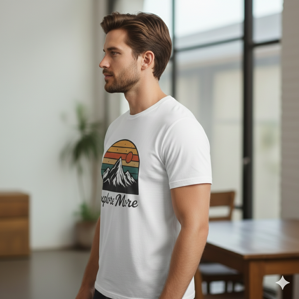 Men’s Explore More Graphic T-Shirt - Vintage Mountain Sunset Print - Outdoor Style