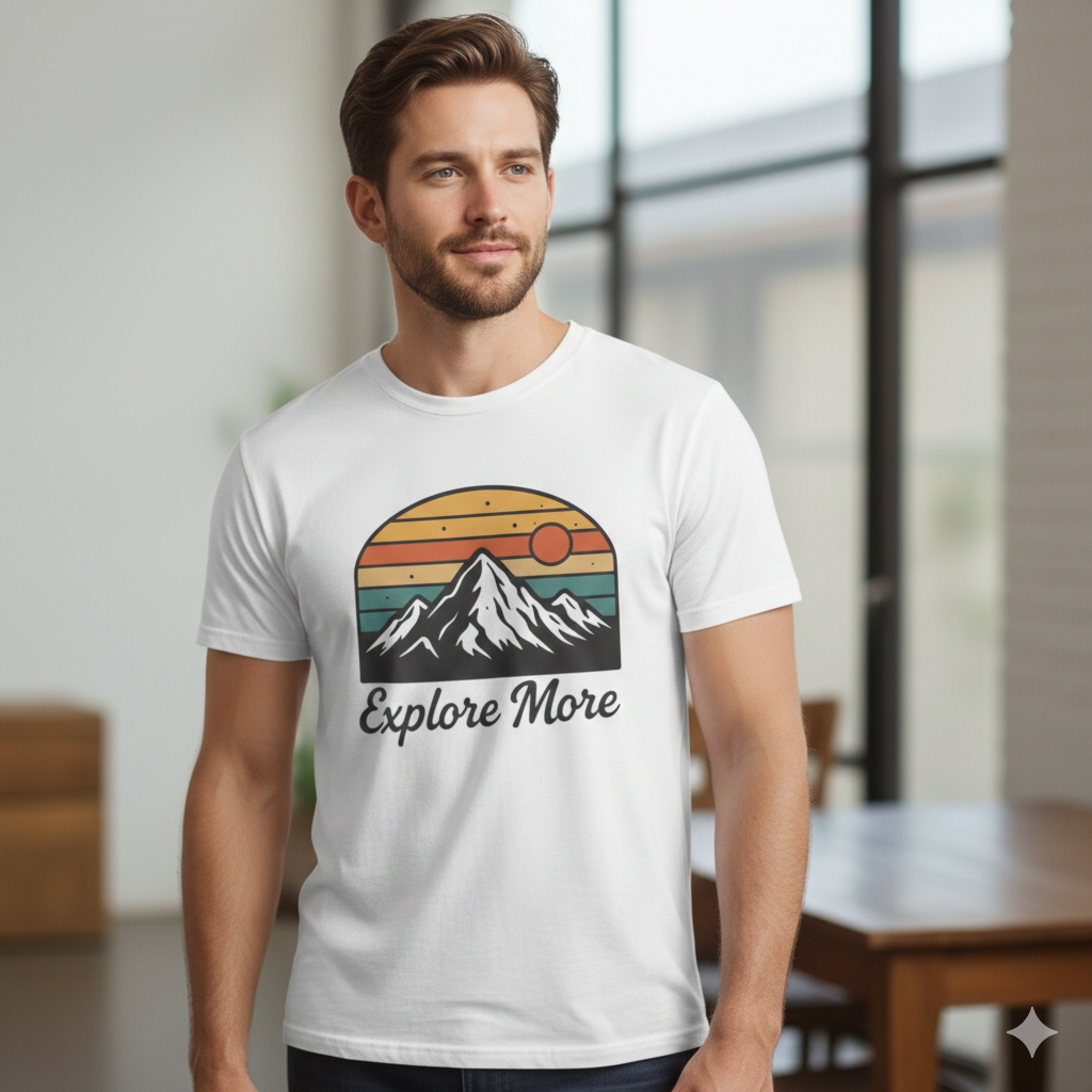 Men’s Explore More Graphic T-Shirt - Vintage Mountain Sunset Print - Outdoor Style