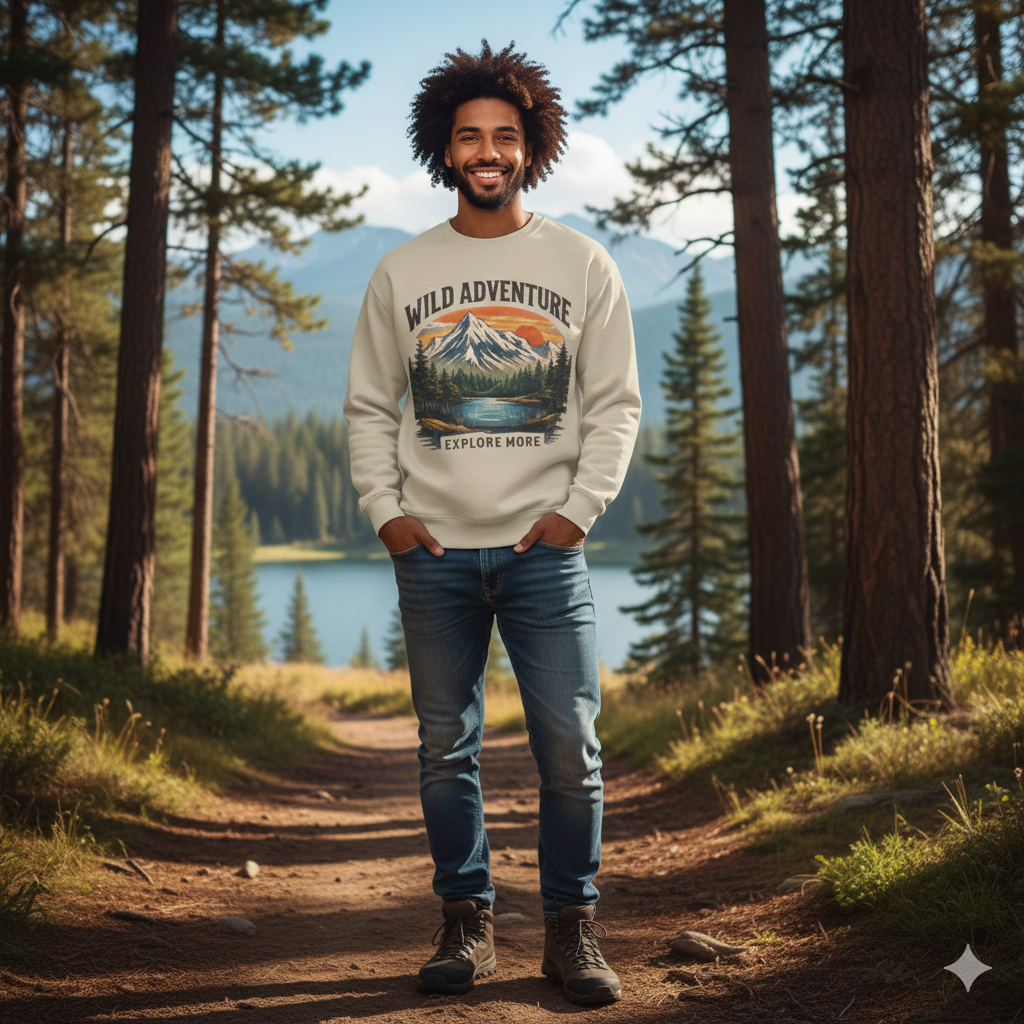 Crewneck Sweatshirt - Wild Adventure "Explore More" Mountain Graphic