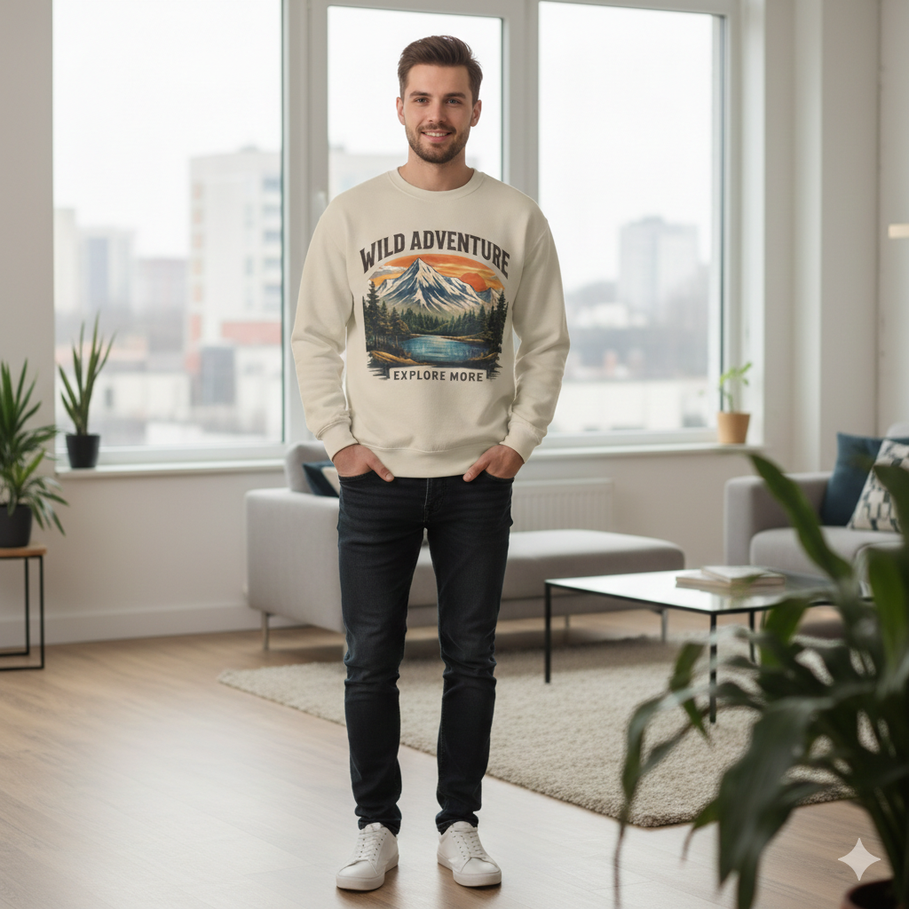 Crewneck Sweatshirt - Wild Adventure "Explore More" Mountain Graphic