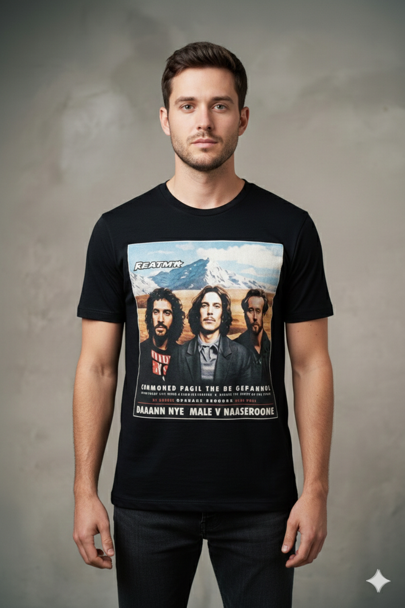 Vintage Rock Band T-Shirt — Retro Photo Tee with Mountain Poster Design