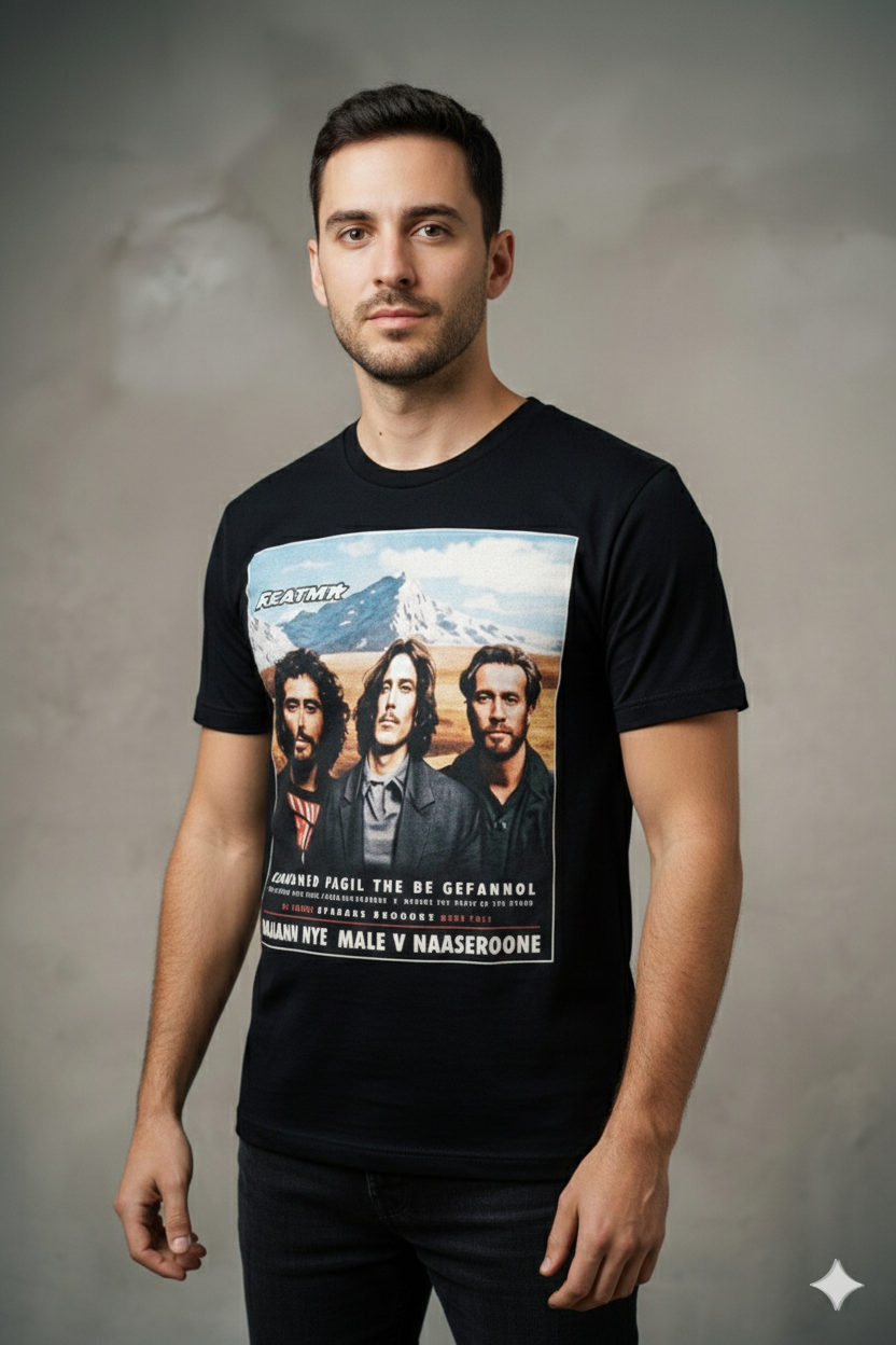 Vintage Rock Band T-Shirt — Retro Photo Tee with Mountain Poster Design