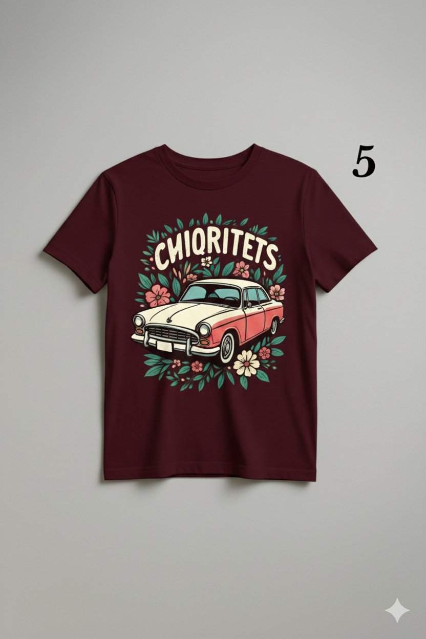 Chiquitets Vintage Car Floral Tee — "CHIQUTETS" Classic Retro Auto T‑Shirt