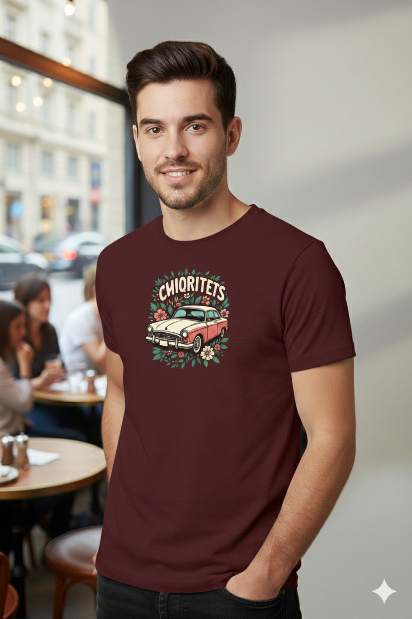 Chiquitets Vintage Car Floral Tee — "CHIQUTETS" Classic Retro Auto T‑Shirt