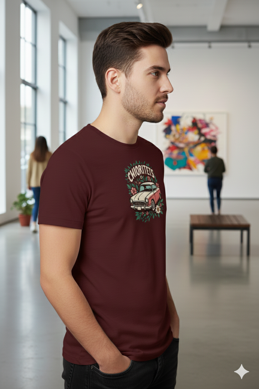 Chiquitets Vintage Car Floral Tee — "CHIQUTETS" Classic Retro Auto T‑Shirt