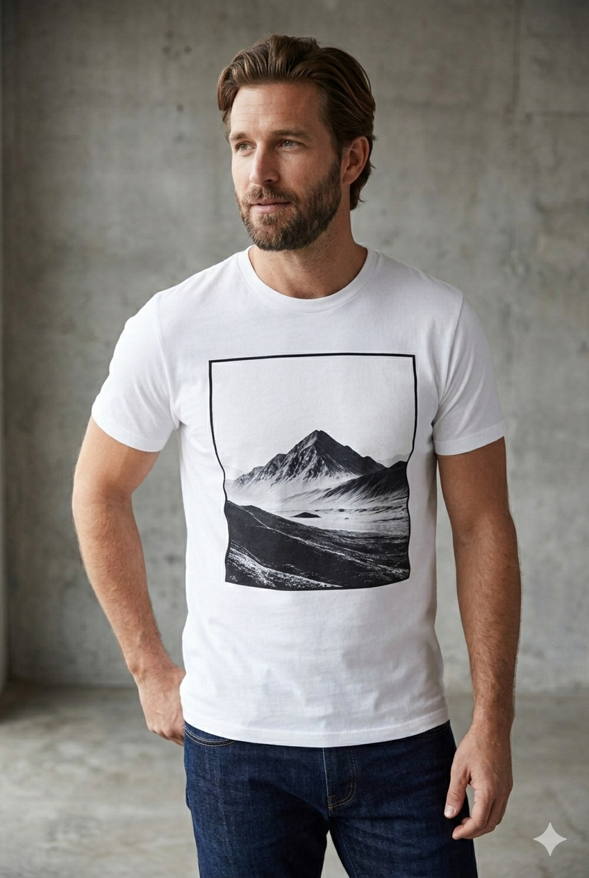 Mountain Landscape Graphic Tee – Black & White Scenic Photo T-Shirt