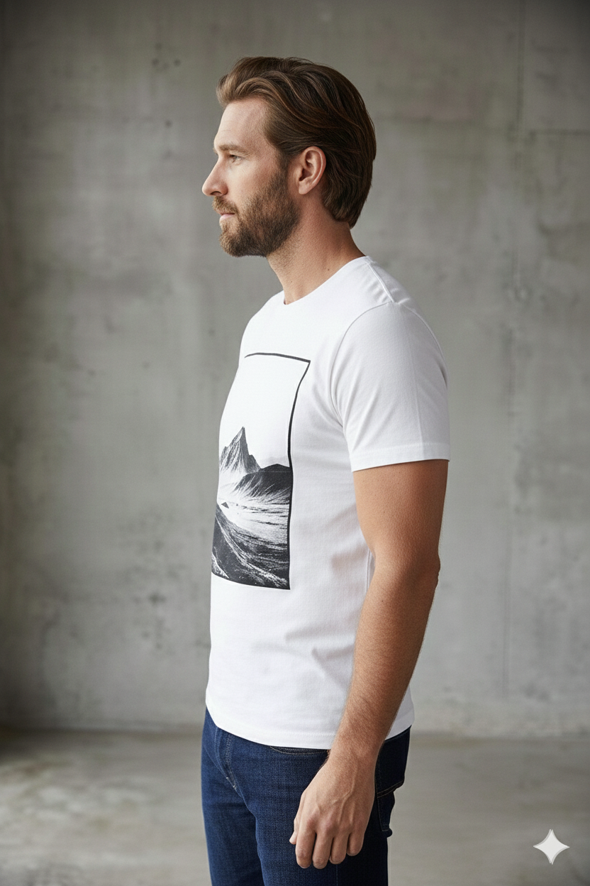 Mountain Landscape Graphic Tee – Black & White Scenic Photo T-Shirt