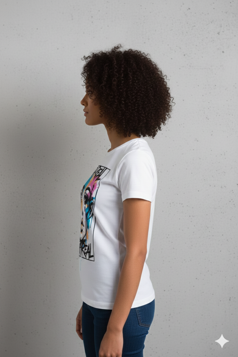Stay Real Colorful Portrait T-Shirt — Artistic Watercolor Face Graphic Tee