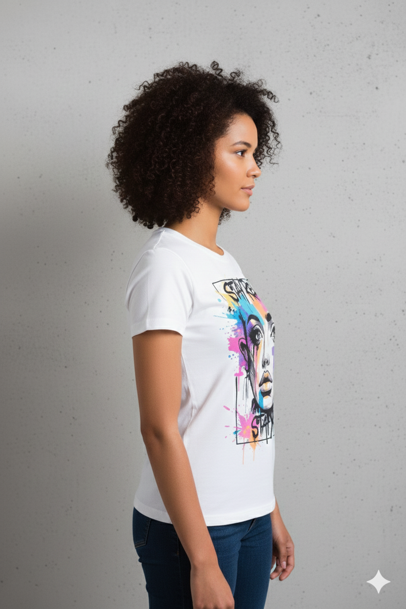 Stay Real Colorful Portrait T-Shirt — Artistic Watercolor Face Graphic Tee