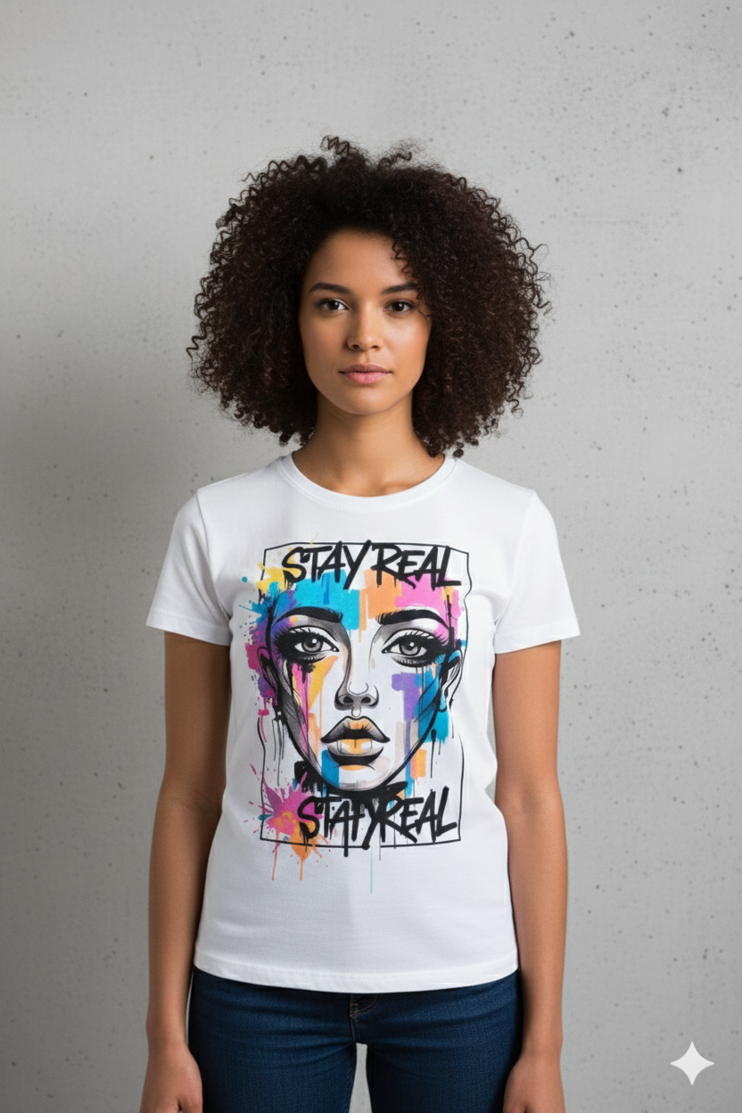 Stay Real Colorful Portrait T-Shirt — Artistic Watercolor Face Graphic Tee