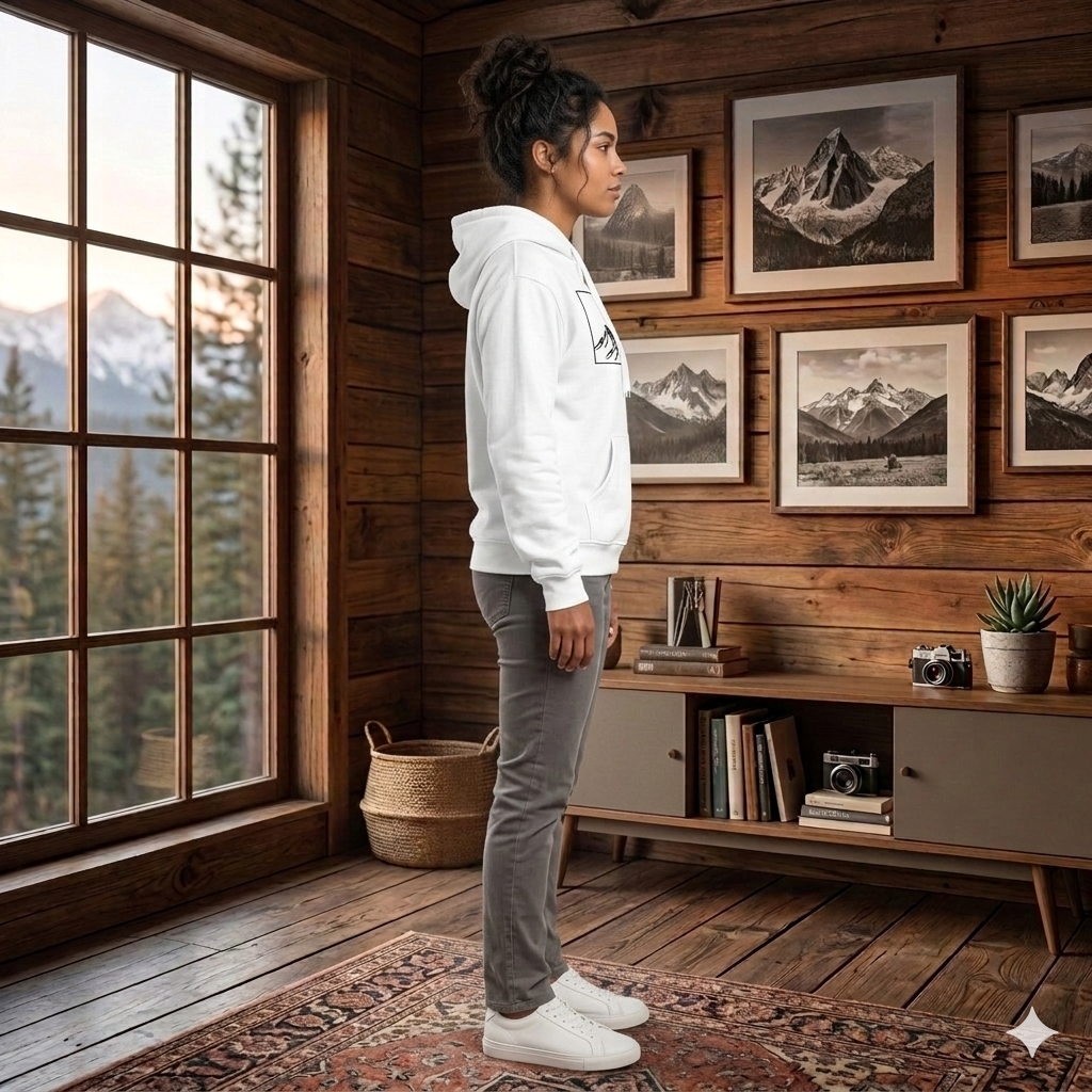 White Unisex Mountain Landscape Hoodie - Casual Graphic Cotton Sweatshirt