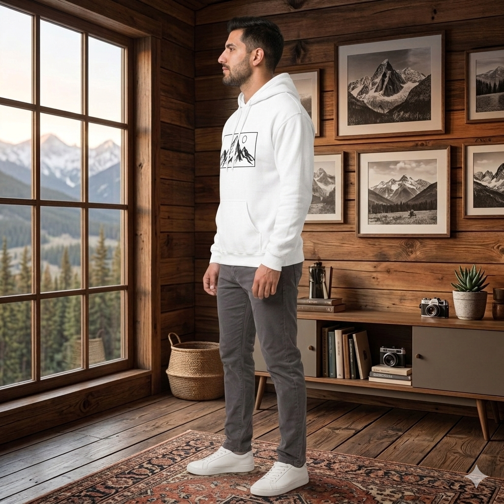 White Unisex Mountain Landscape Hoodie - Casual Graphic Cotton Sweatshirt