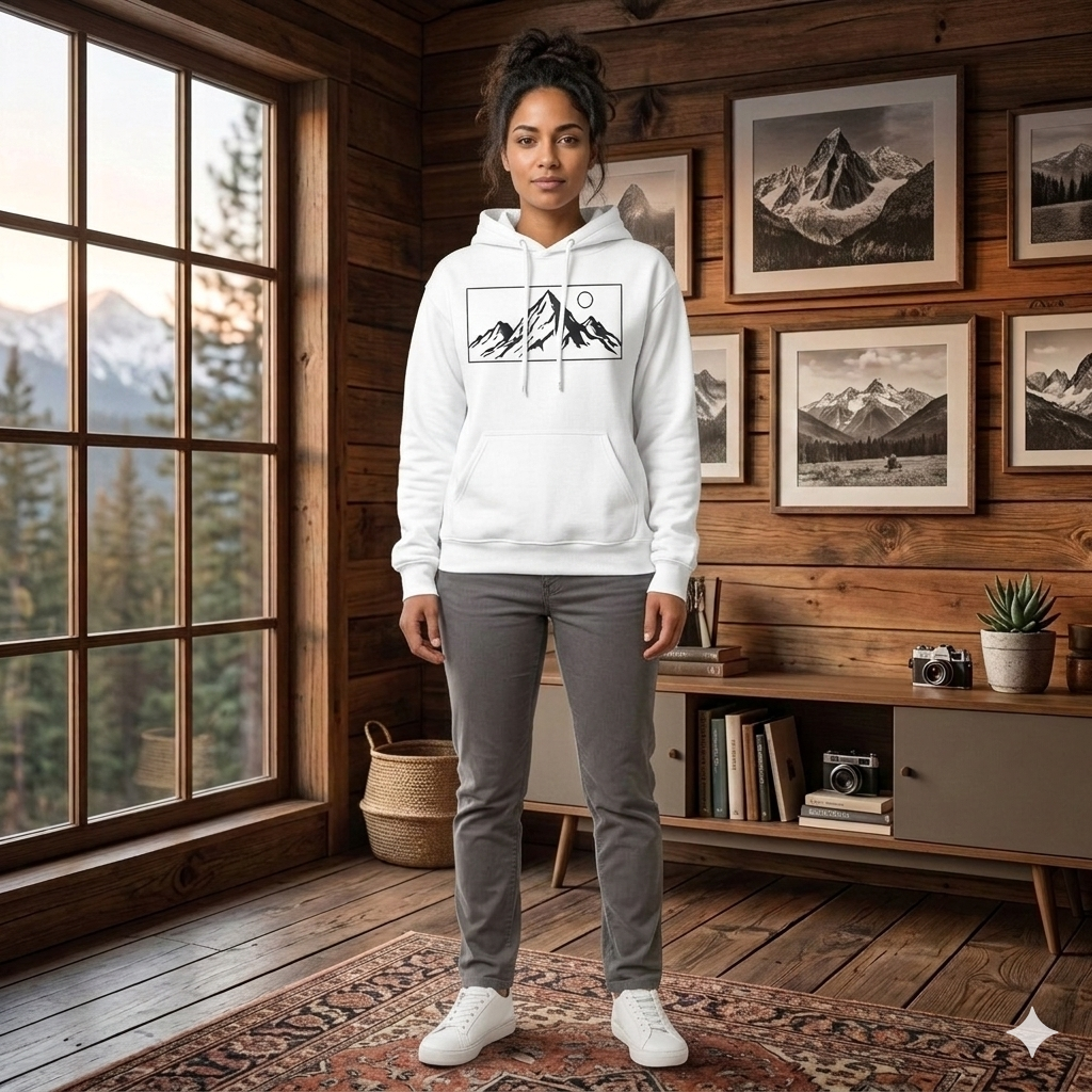 White Unisex Mountain Landscape Hoodie - Casual Graphic Cotton Sweatshirt