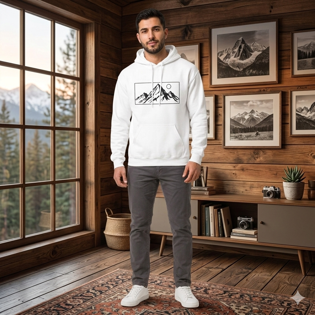 White Unisex Mountain Landscape Hoodie - Casual Graphic Cotton Sweatshirt