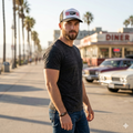 Vintage Classic Car Trucker Cap – Retro American Flag Stripes