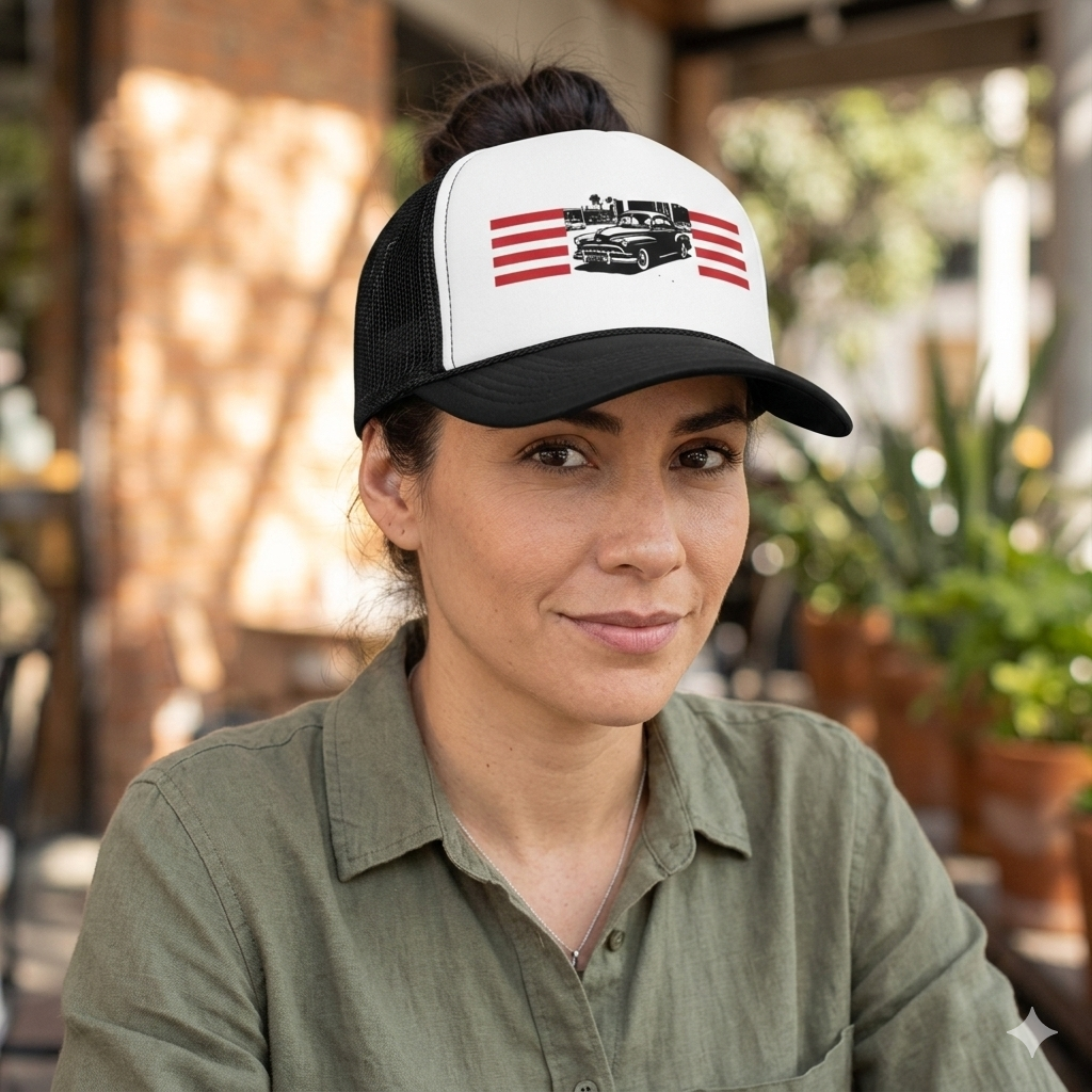 Vintage Classic Car Trucker Cap – Retro American Flag Stripes