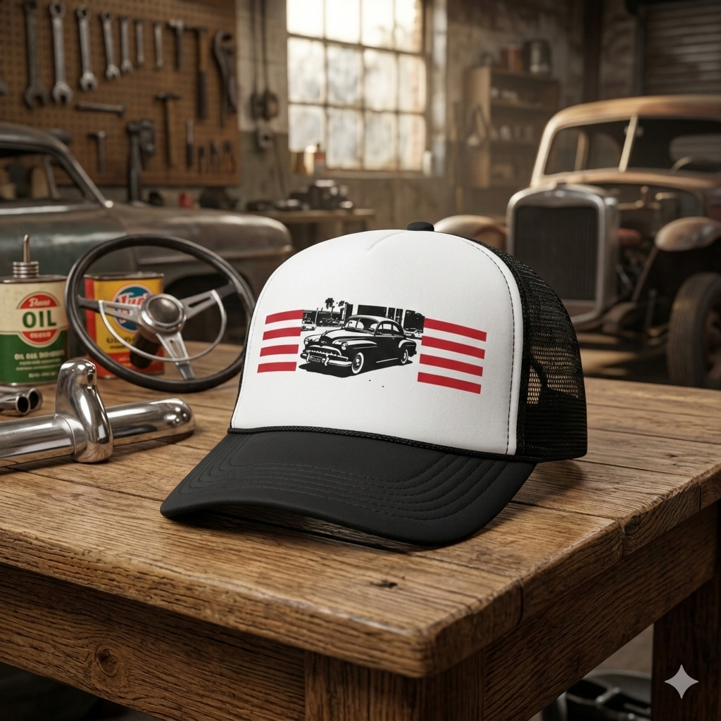 Vintage Classic Car Trucker Cap – Retro American Flag Stripes