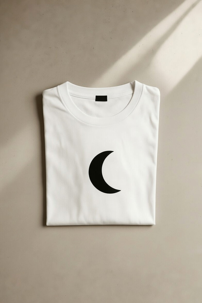 Minimal Crescent Moon Tee — Simple Black Moon Graphic Shirt