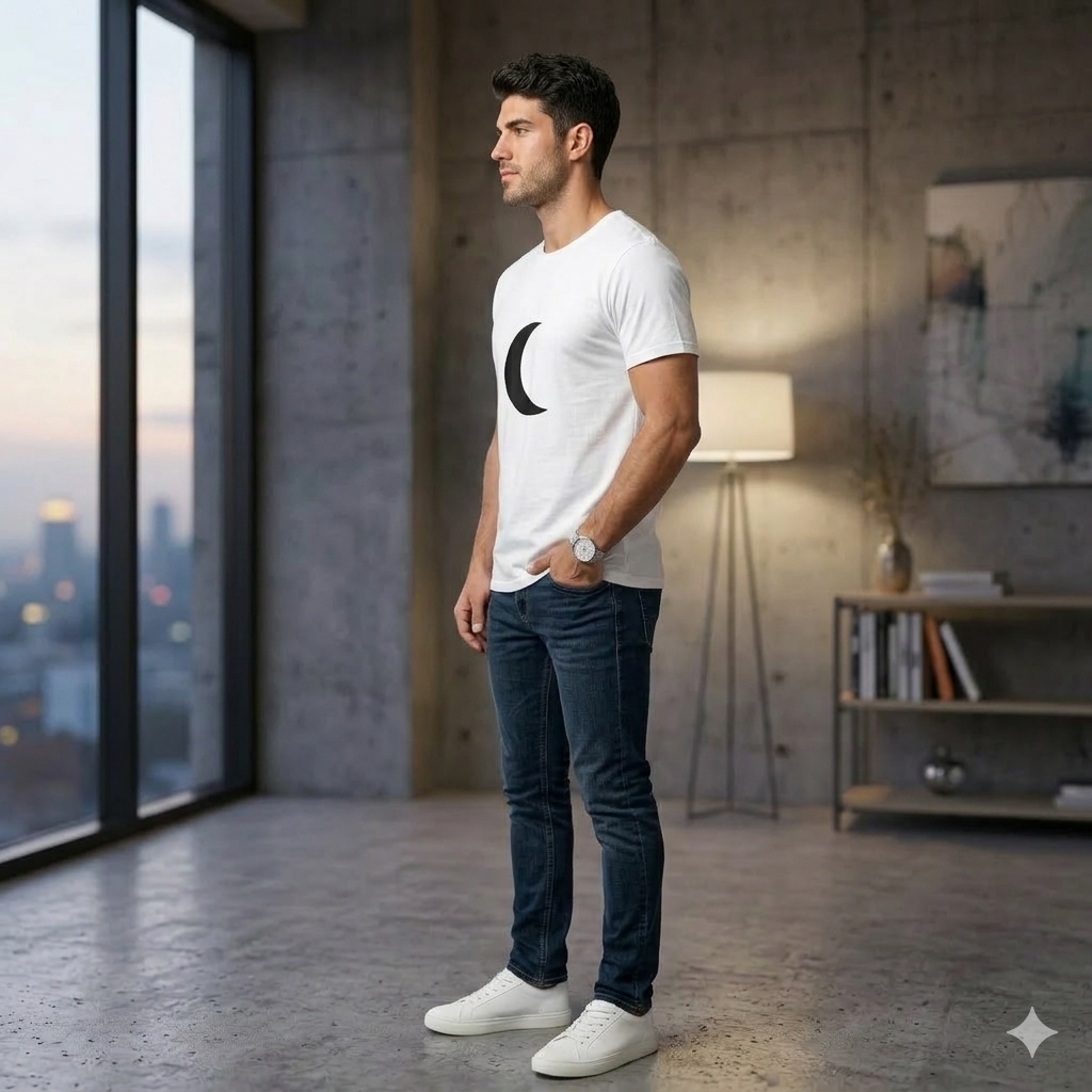 Minimal Crescent Moon Tee — Simple Black Moon Graphic Shirt