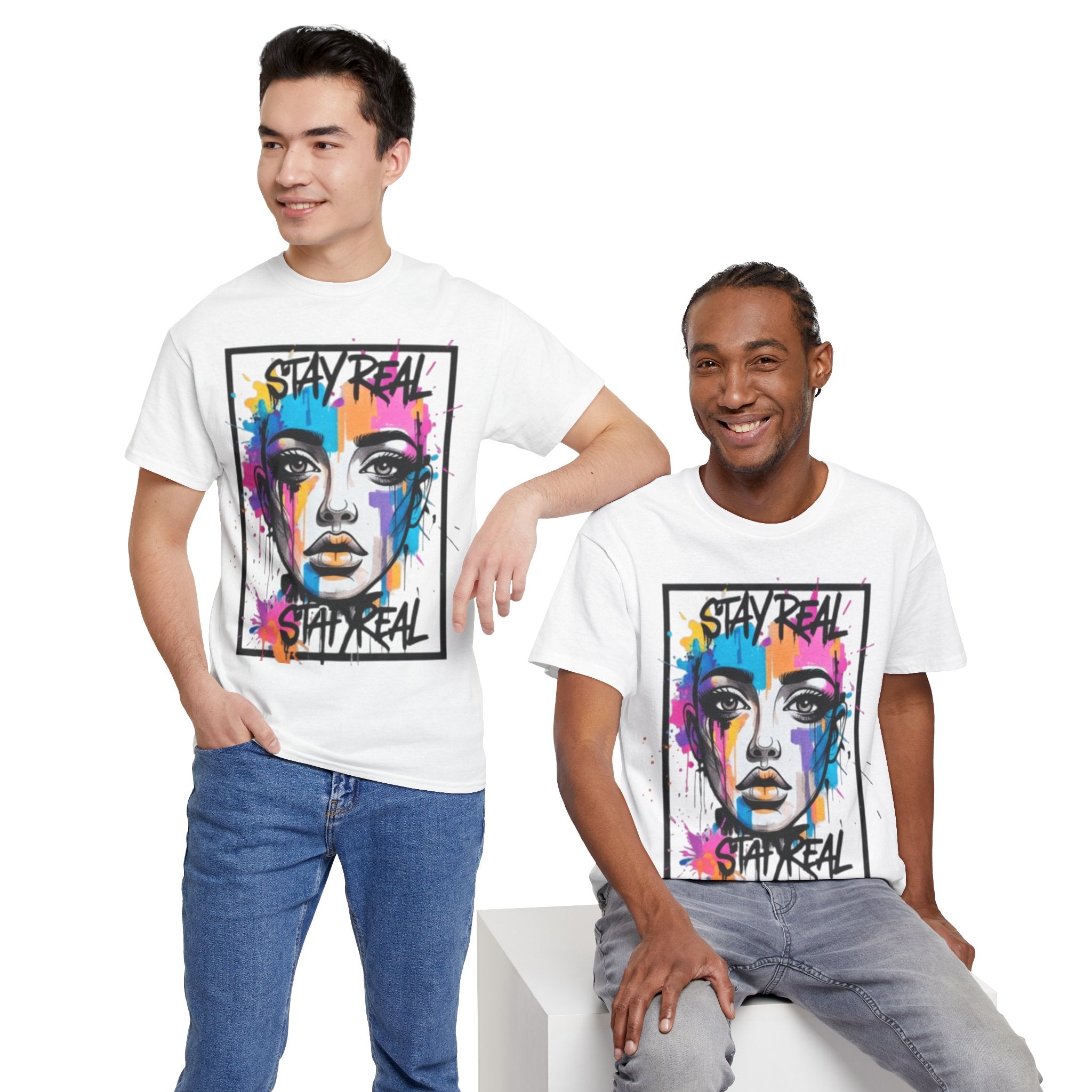 Stay Real Colorful Portrait T-Shirt — Artistic Watercolor Face Graphic Tee