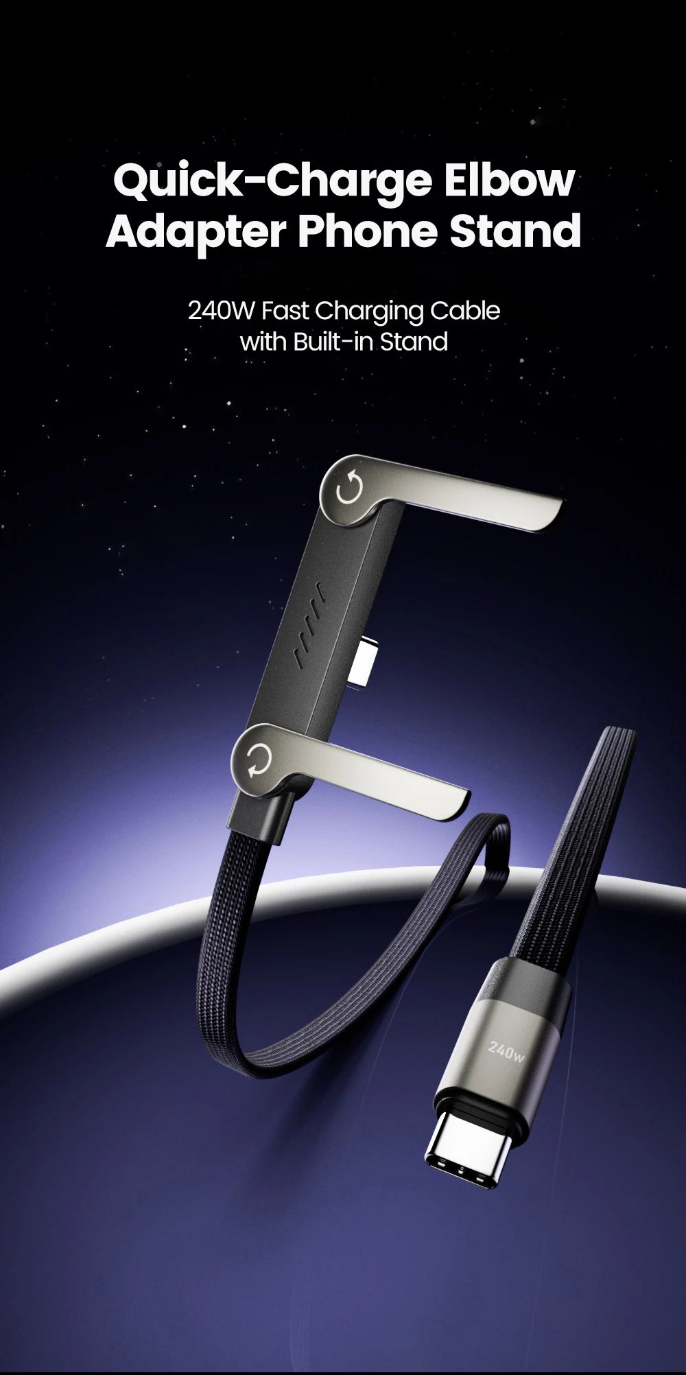 65W USB Fast Charging Cable With Foldable Phone Holder 2-in-1 Type-C Quick Charge Data Wire USB C Charging Line For Mobile Phone