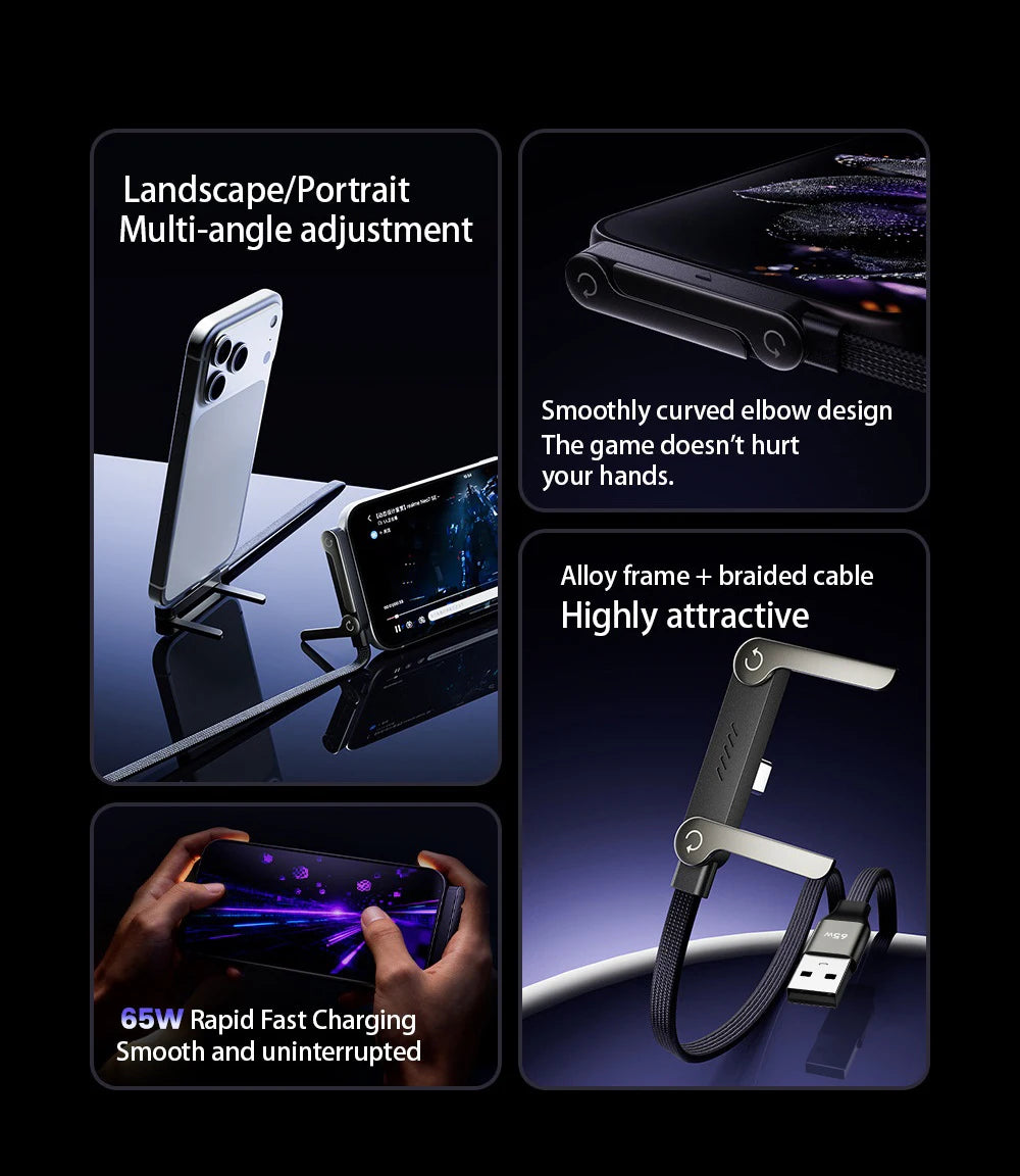 65W USB Fast Charging Cable With Foldable Phone Holder 2-in-1 Type-C Quick Charge Data Wire USB C Charging Line For Mobile Phone