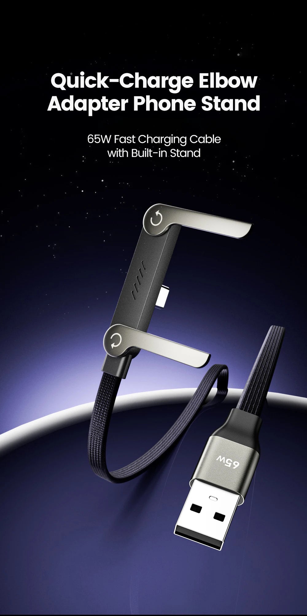 65W USB Fast Charging Cable With Foldable Phone Holder 2-in-1 Type-C Quick Charge Data Wire USB C Charging Line For Mobile Phone
